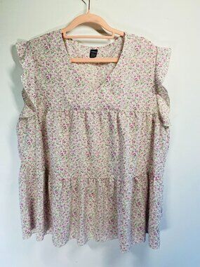 Shein Floral Ruffle-Sleeve Babydoll Top In Pink/Green Womens XL Lightweight Poly